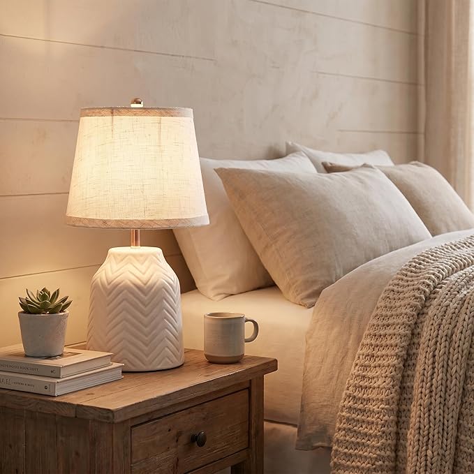 SOTTAE 14'' White Ceramic Table Lamp with Linen Fabric Shade, Leaf Patterned Ceramic Desk Lamp, Mid Century Modern Bedside Nightstand Lamp for Bedroom Living Room Reading Room