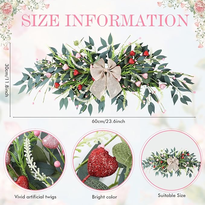22'' Valentines Wreaths for Front Door Valentines Teardrop Swag Pink and Red Hearts for Valentine's Day Anniversary Wedding Decor Eucalyptus Wreath