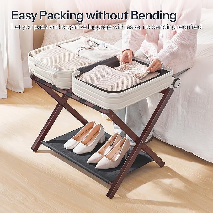 HOOBRO Luggage Racks, Set of 2 Folding Luggage Holders, Bamboo Suitcase Stands, with Nylon Straps and Oxford Fabric Shelf, for Guest Room, Hotel, Bedroom, Brown and Black BR17XLP201G1