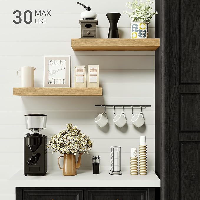 Vivelove Floating Shelves for Wall Mounted, 16 inchs Shelf for Small Bathroom, Bedroom, Living Room, Kitchen, Modern Home Decor, Rustic Farmhouse Wall Shelves with Invisible Brackets - Set of 2, Oak