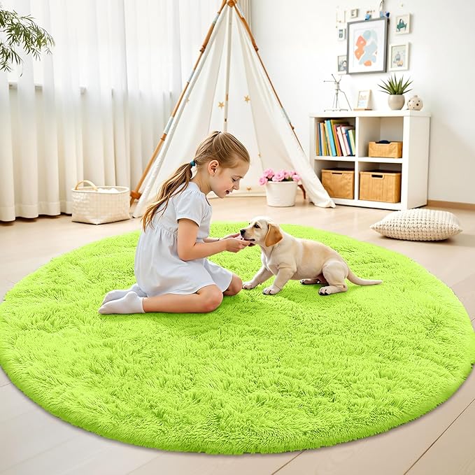 OLANLY Lime Green Round Rugs for Bedroom - Machine Washable, 8 ft Circle Area Rugs for Living Room, Soft and Fluffy Shaggy Carpet for Teen Girl and Boys, Nursery Rooms, Dorms, Home Decor Aesthetic