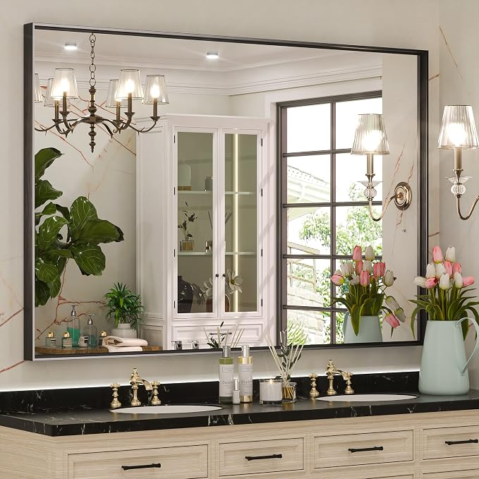 Keonjinn 48 x 36 Inch Black Bathroom Mirror, Large Rectangle Mirror for Vanity, Matte Black Metal Framed Farmhouse Mirrors, Square Corner Rectangular Wall Mirrors for Over Sink(Horizontal/Vertical)
