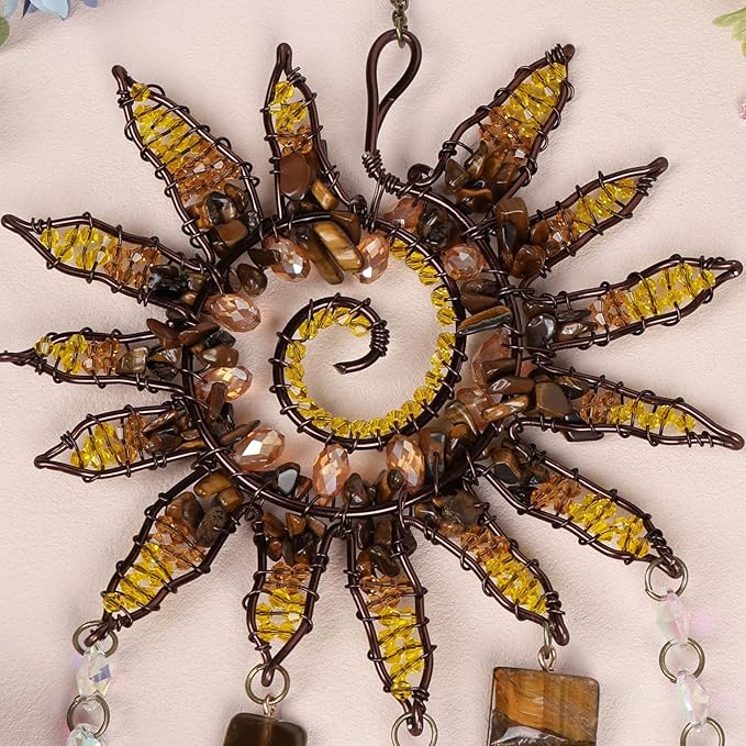 Mini Sun Catcher Dream Catcher – Handmade Sunburst Wall Hanging with Tiger Eye Stones & Crystal Beads for Window Decor, Bedroom, Meditation Space or Gift