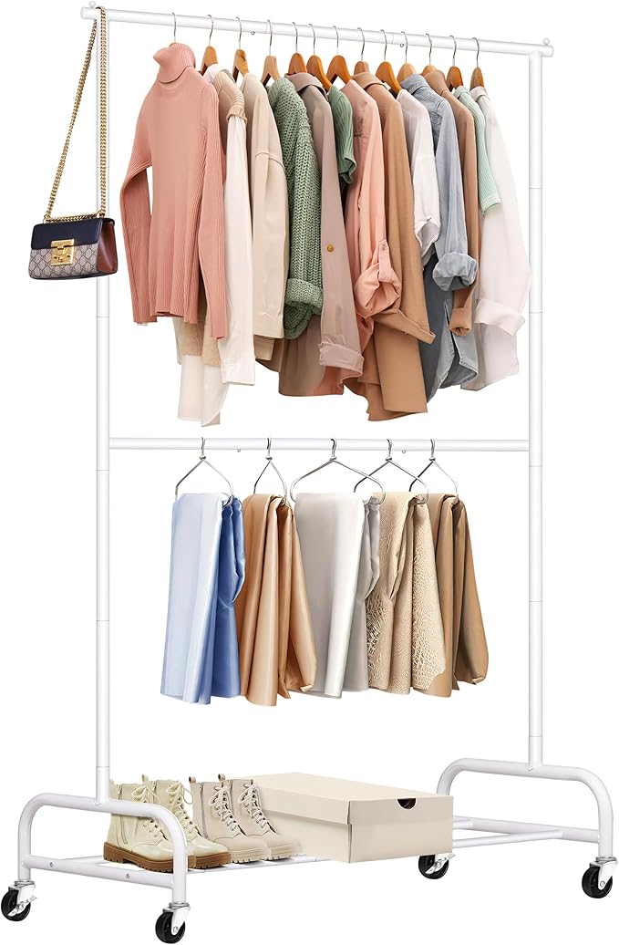SLEEPING LAMB Double Rod Heavy Duty Clothes Racks for Hanging Clothes, Metal Rolling Garment Rack With Wheels Clothes Hanger Rack Wardrobe Racking for Coats, Shirts (White)