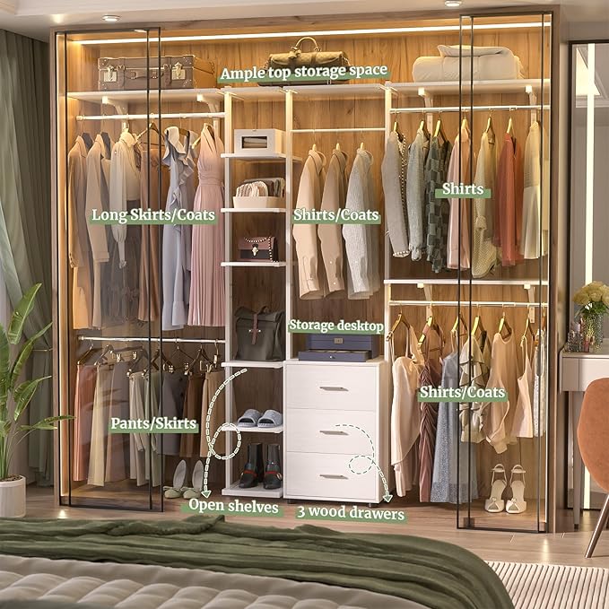 Aheaplus Closet System with Drawers, Closet Organizer System Storage with Shelves, 96'' Walk-in Closet with 5 Hanging Rods, Heavy Duty Wall Mounted Clothes Wardrobe Garment Rack,-Metal Frame, White