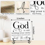 God Is Still Writing Your Story Wooden Sign - 5" Christian Wooden Plaque With Metal Support - Rustic Tabletop Home, Office Room Decor - Gifts For Family & Friends - A05