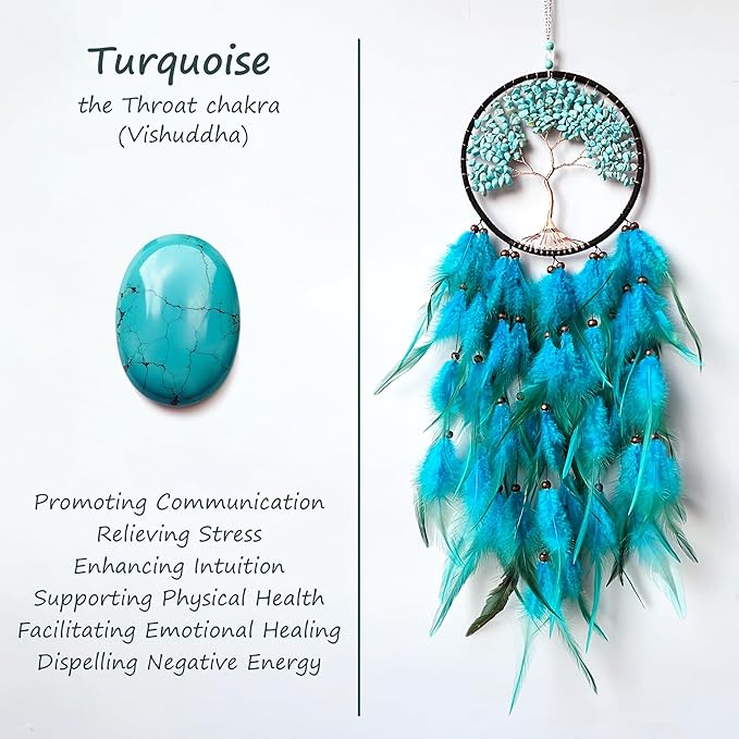 Dream Catchers, Dream Catcher Tree of Life Wall Decor, with Natural Healing Crystal Stone, Perfect Turquoise Handmade Dreamlike Dream Catcher for Bedroom Art Craft Gift