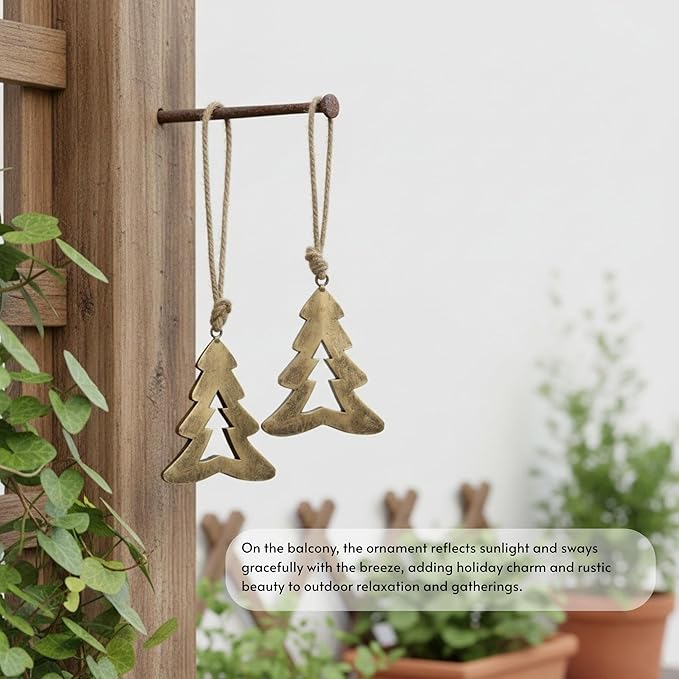 Rustic Iron Wall Accent - Handmade Metal Hanging Décor with Rope for Indoor & Outdoor Use - Flat Christmas Tree (5" 3.5") Design for Rustic Home Decoration (Set of 2)