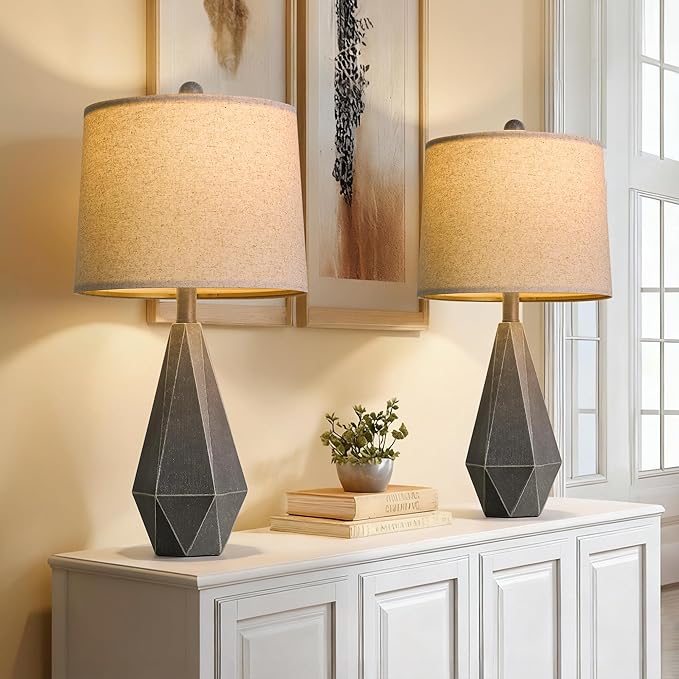 PoKat 23.5'' Farmhouse Table Lamps Set of 2, Rustic Nightstand Lamps for Bedroom, Classic Bedside Lamps for Living Room Office Sideboard with Linen Shade Distressed (Deep Grey)