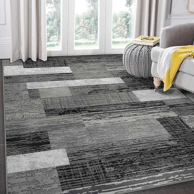 FlyDOIT Modern Geometric Patchwork Area Rug, 4x6 Grey Large Rugs for Living Room, Rockwood Collection Indoor Rugs for Bedroom, Throw Carpet Floor Decor for Entryway Dining Room Office Nursery