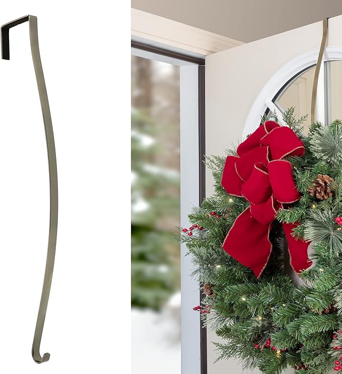 Haute Decor HighProfile Curved Over The Door Wreath Hanger (Antique Brass) - Strong Metal Wreath Holder Hook for Complex Door Designs with Raised Panels and Trim