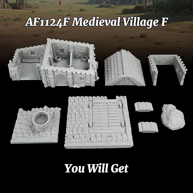 Unpainted 3D Printed Tabletop RPG Terrain–25 Scale Map Props for Trench Crusade & DND Bundle,Gable Roof Medieval Residence Scenery – Medieval Village F AF1124F