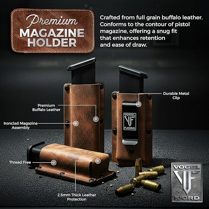 Buffalo Leather Magazine Holder - IWB/OWB Convertible - Right/Left Handed for Men and Women - Premium Mag Belt Pouch - Compatible with Glock & Sig