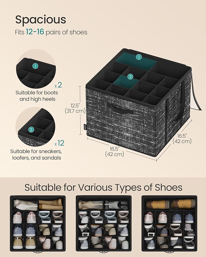 SONGMICS Shoe Organizer for Closet, Set of 2, Shoe Storage Box with Clear Lid, Foldable Fabric Bins, Holds 32 Pairs Total, Reinforced Handles, 16.5 x 16.5 x 12.5 Inches, Ink Black ULSP602B01