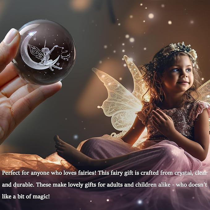 IFOLAINA 3D Fairy Crystal Ball with Stand 60mm Laser Engraved Moon Fairy Glass Ball Decorative Globes Crystal Fairy Sphere Gifts for Girl Her Fairy Lover Birthday Gifts for Daughters