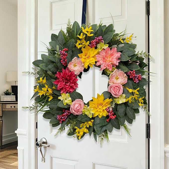 Spring Summer Eucalyptus Wreaths for Front Door Outside 24Inch Door Yellow Daisy Wreath with Sunflower Peony Dahlia Green Leaves for All Season Indoor Outdoor Home Farmhouse Porch Wall Window Decor