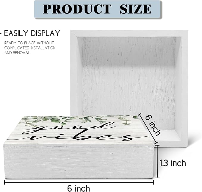 SRADMO Botanical Eucalyptus Leaves Wood Box Sign Desk Decor, Rustic Eucalyptus Leaves Wooden Block Box Sign Decoration For Home Shelf Table Office Decor 6x6 inches
