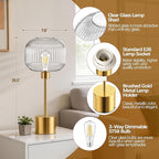 QiMH Glass Table Lamp for Living Room, Modern Bedside Lamp with Clear Ribbed Glass Shade, 3-Way Dimmable Touch Control Nightstand Lamp for Bedroom, Brushed Gold (2700K LED Bulb Included)