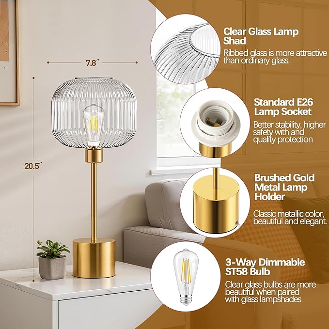 QiMH Glass Table Lamp for Living Room, Modern Bedside Lamp with Clear Ribbed Glass Shade, 3-Way Dimmable Touch Control Nightstand Lamp for Bedroom, Brushed Gold (2700K LED Bulb Included)