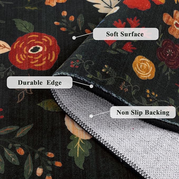 U'Artlines 6x9ft Vintage Floral Area Rug Machine Washable Ultra Soft Low Pile Non Slip Non Shedding Accent Floor Carpet for Living Room, Bedroom, Dining Room, Office (Black Green)
