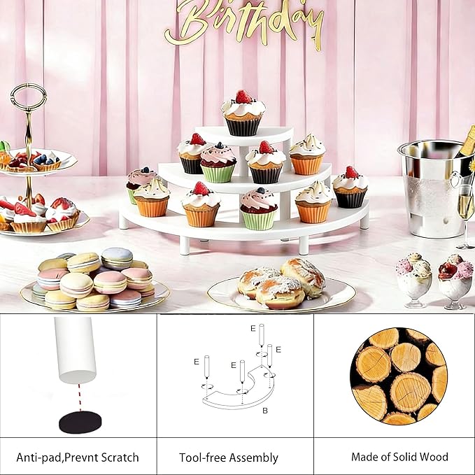 3-Tier Wooden Display Risers, Rustic Cupcake Stand, Perfume Organizer, Dessert Table Display Set for Party & Home Decor (White)