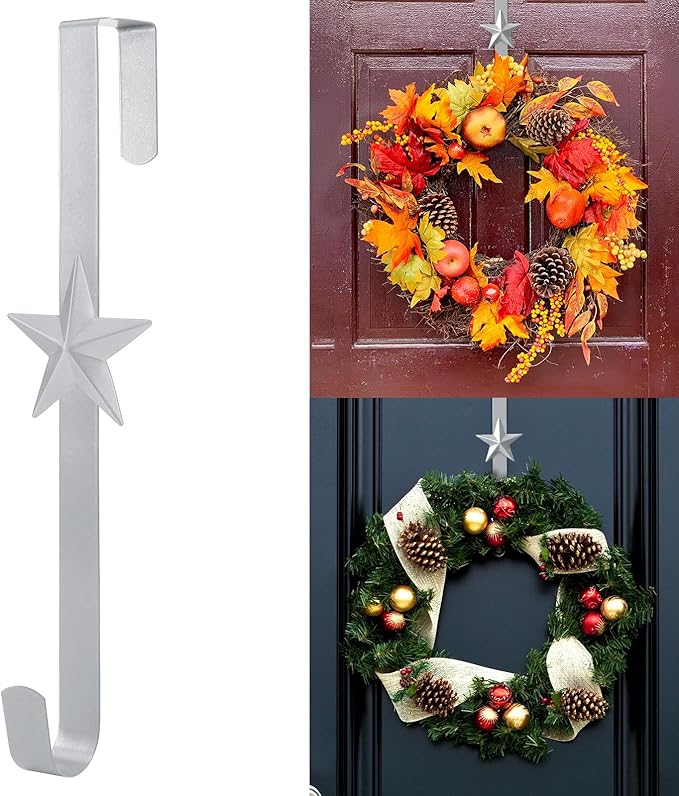 Wreath Hangers for Front Door,15" Sturdy Metal Wreath Doors Hangers,Over The Door Hooks for Front Porch Decor,Garland Hooks Holders for Halloween Christmas Decorations (Silver Star, 4 Pack)