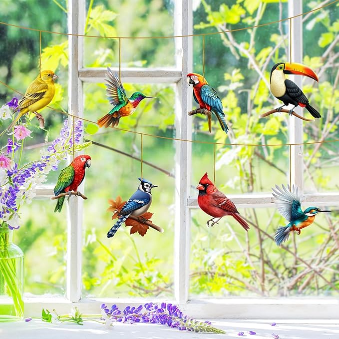 Color Bird Acrylic Hanging Ornament - 8Pcs Spring Colorful Cardinal Christmas Tree Ornaments, Flying Bird Ornament Ceiling Xmas Decoration Tote Car Interior Charms Gift for Men Women