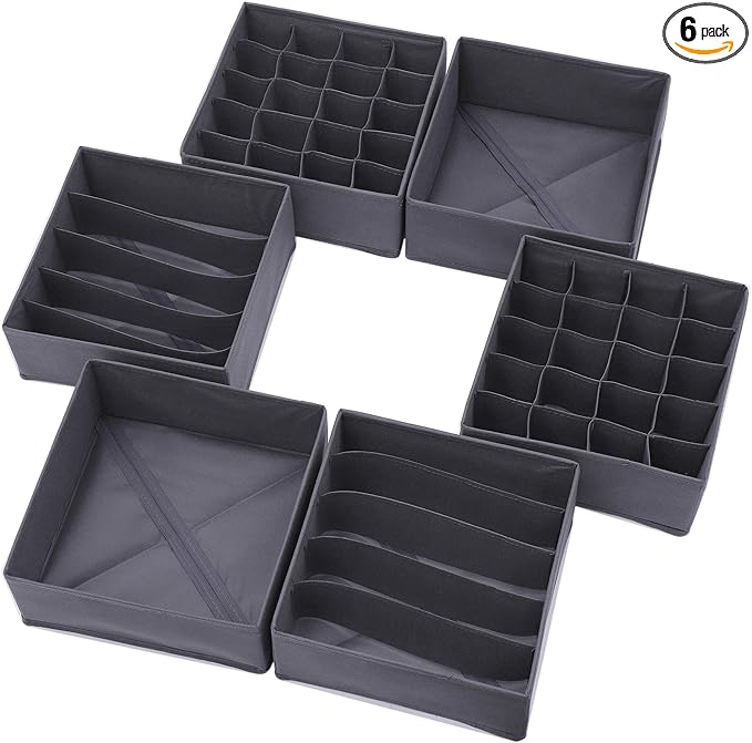 DIOMMELL 6 Pack Foldable Cloth Storage Box Closet Dresser Drawer Organizer Fabric Baskets Bins Containers Divider for Clothes Underwear Bras Socks Lingerie Clothing, Dark Grey 22-2000