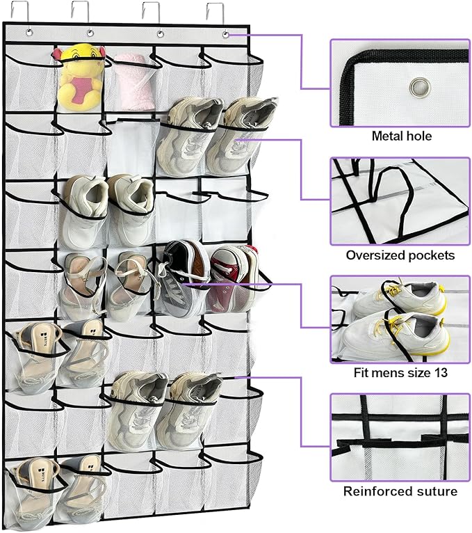 homyfort 35 Large Pocket Over the Door Shoe Organizer, Extra Sturdy Oxford Fabric Hanging Shoe Rack for Door Closet, Wall Mesh Shoe Storage Holder for Mens Women Shoes (White)