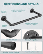 OROPY Industrial Pipe Clothes Rack 21.2” Set of 2, Heavy Duty Wall Mounted Black Iron Garment Bar, Multi-Purpose Clothing Hanging Rod for Laundry Room and Closet Storage
