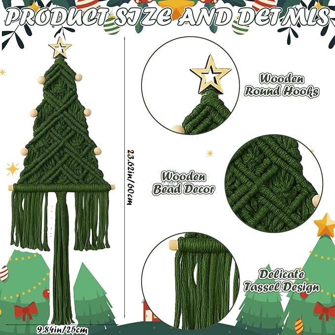 HunnmingRe 3 Pcs Large Macrame Christmas Tree Macrame Christmas Wall Decoration Hanging Ornaments Boho Wall Decor for Party Supplies (Beige,Brown and Army Green)