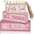 Yuntau 4 Pcs Farmhouse Tabletop Decor Wooden Rustic Inspirational Bible Verse Quotes with God All Things are Possible Decorative Pink Coquette Tiered Tray Decor Christian Gift for Women Home Shelf