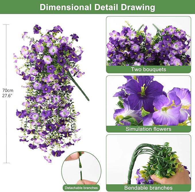 Artificial Fake Hanging Flowers Plants for Outdoor Spring Decoration,2 PCS Faux Silk Morning Glory with Eucalyptus Leaves,UV Resistant Realistic Trailing Vines for Balcony Porch Patio Yard Garden