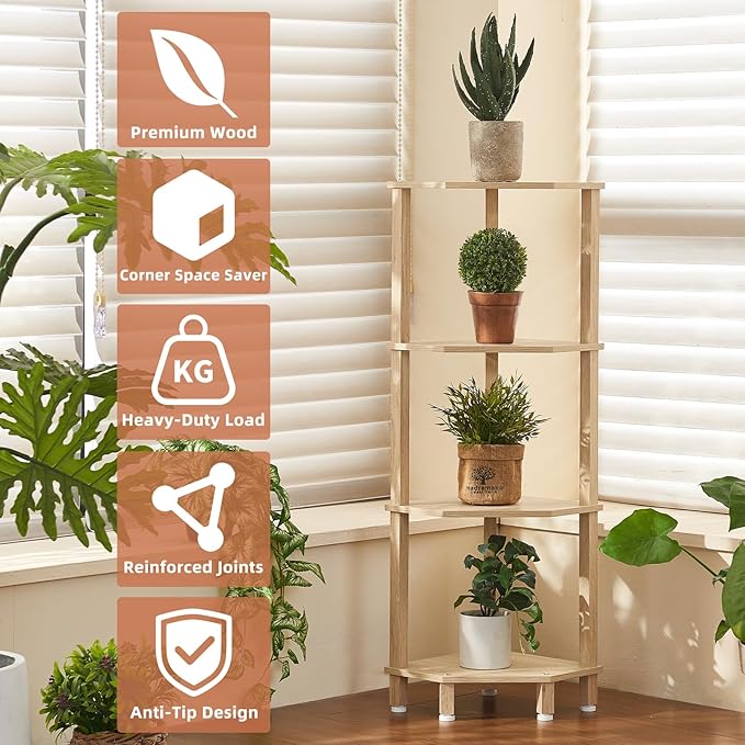 YUFAM 4-Tier Corner Shelf with Sturdy 5-Leg Base, Wooden Corner Bookshelf for Small Spaces, Corner Standing Shelf for Living Room, Bedroom, Bathroom, Natural