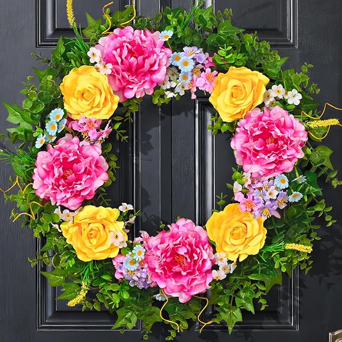 Livole 24 Inch Summer Spring Wreaths for Front Door Large Summer Door Wreath with Peony Rose Daisy for Indoor Outdoor Home Wall Farmhouse Patio Porch Window Decor