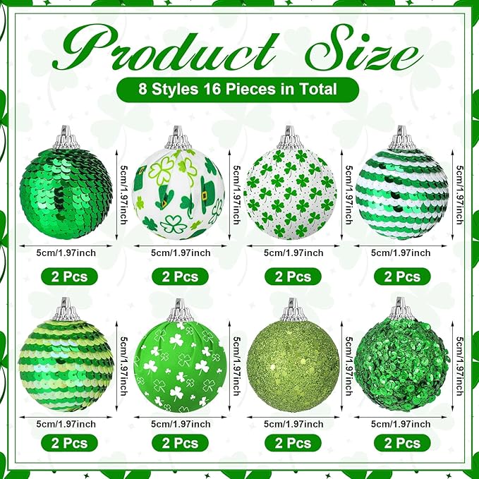 Zeyune 16 Pcs St Patricks Day Tree Decoration 2 Inch St. Patrick's Day Shamrock Ornament Irish Hanging Sequin Ball Home Ornament for Tree Glitter Luck Clover Ball for Party Decor
