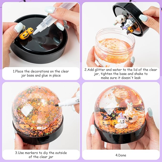 Halloween Snow Globe Craft Kit - 8 Set DIY Plastic Snow Globe Craft with Mini Resin Ghost Haunted House, Make Your Own Party Decor with Glitter for Classroom Activity Gifts (Halloween)
