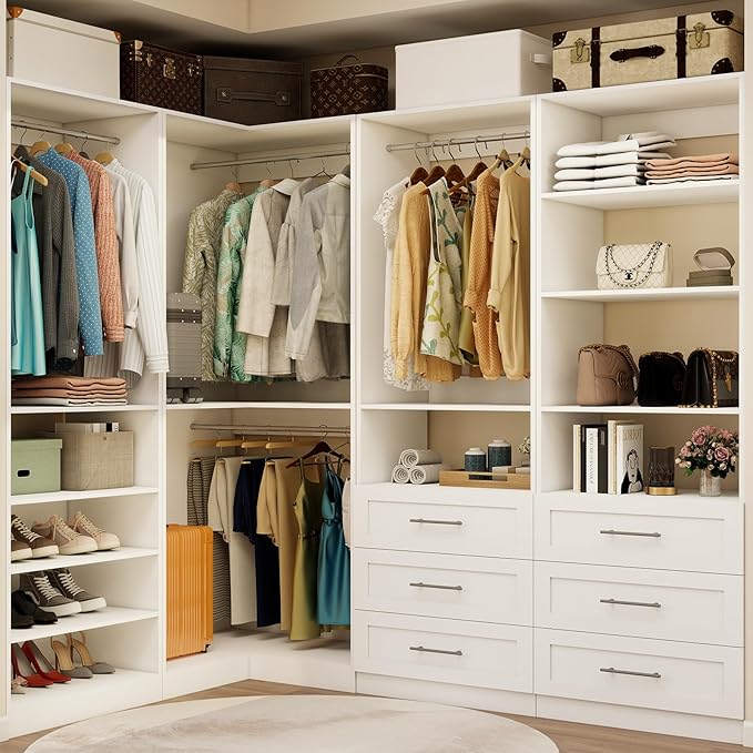 Closet System with 4 sets, 101.9" Closet Organizer Systems with 6 Drawers & 8 Hanging Rods & Adjustable Shelves, Walk in Closet Standing Closet System, Corner Closet System Set, White