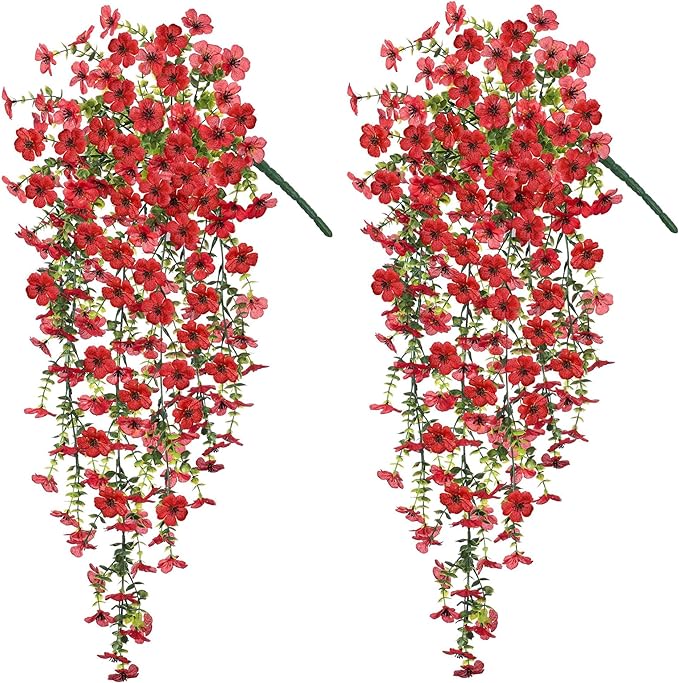 Artificial Hanging Flowers for Outdoors Fake Plants Decoration, 2 Pcs Faux Silk Daisy Flower Realistic Outdoor Flowers UV Resistant Porch Patio Window Yard Indoor Spring Decor(Red)