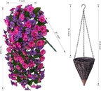 Artificial Fake Flowers Plants Hanging Baskets for Outdoor Outside, Faux Silk Hanging Dark Purple and Fuchsia Morning Glory Trailing Vines UV Resistant Look Real for Porch Patio Home Decoration