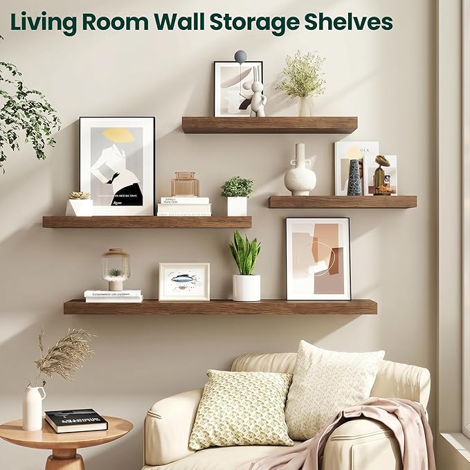 Floating Shelves for Wall 32 in x 9.3 in Deep, Wall Mounted Rustic Wood Shelf with Invisible Brackets for Storage & Display, Living Room Bedroom Bathroom, Walnut, 2 Pack