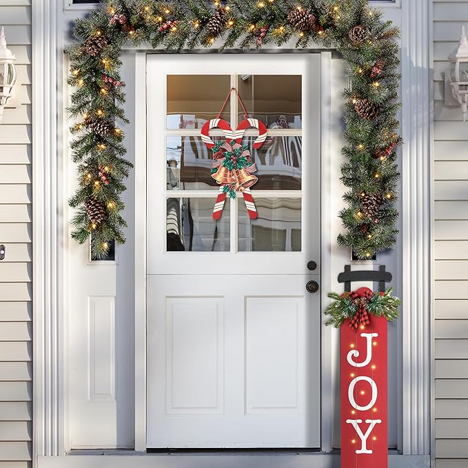 Glitzhome Christmas Candy Cane Wall Decor, 20"H Wooden Hanging Sign with Vintage Red White Stripe for Home Indoor Holiday Festival