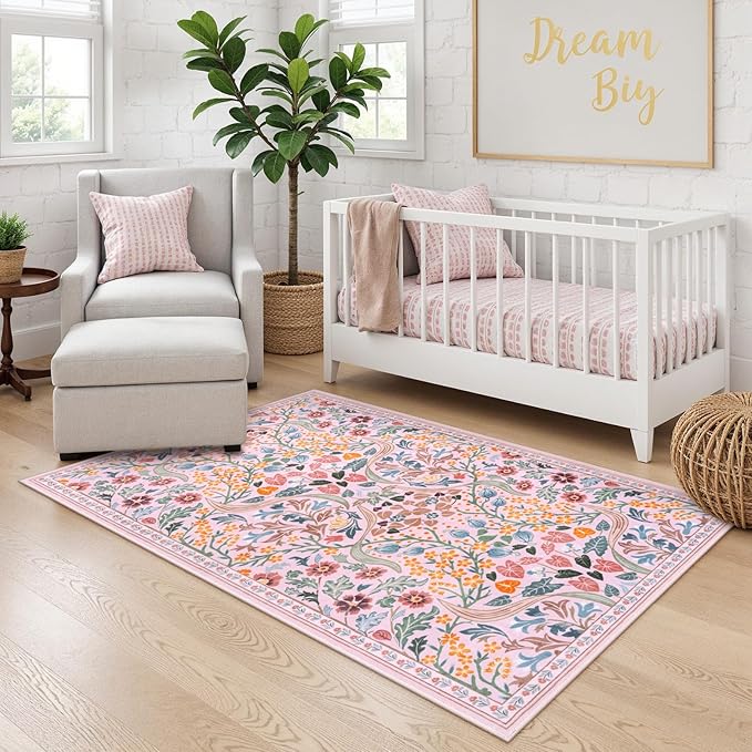 Moynesa Floral Washable Area Rug 5x7, Pink Rugs for Bedroom Soft Living Room Rug, Non Slip Ultra Thin Boho Rug for Nursery Flower Indoor Floor Carpet for Girls Room Dorm, Pink