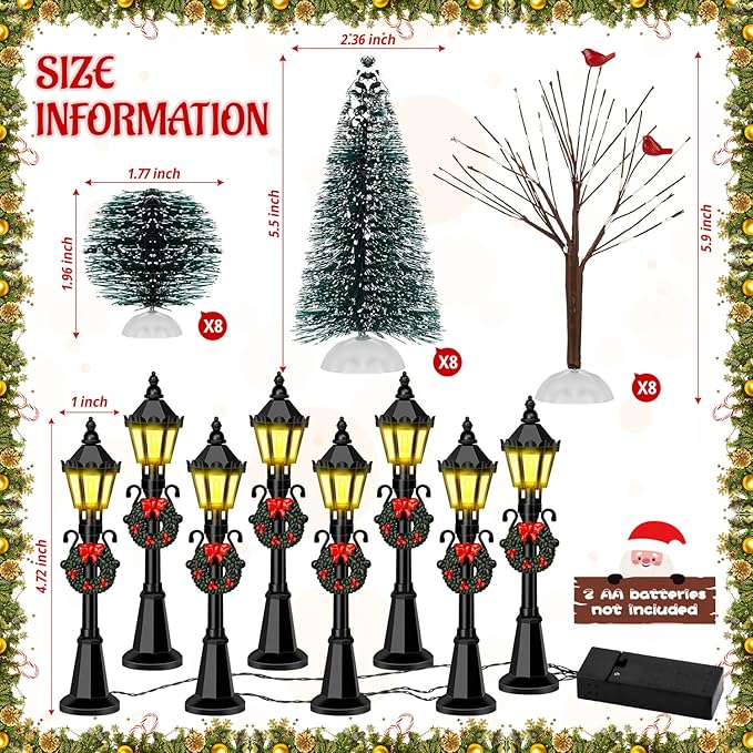 32 PCS Christmas Figurine Village Accessories, Mini Street Light Models with Brush Trees, Miniature Christmas Pathway Street Lamps Lantern Post for DIY Micro Landscape Fairy Garden