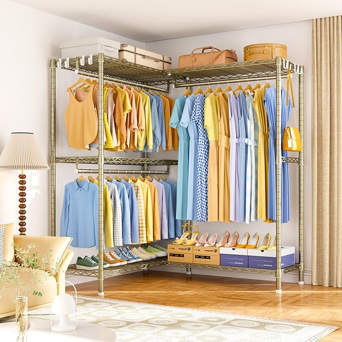 E15 Pro Garment Rack L Shaped Clothes Rack for Corner，Freestanding Clothing Racks for Hanging Clothes，Heavy Duty Closet System with 4 Hanging Rods & 8 S Hooks，48.8"W x 15.8"D x 78.4"H，Gold