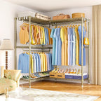 E15 Pro Garment Rack L Shaped Clothes Rack for Corner，Freestanding Clothing Racks for Hanging Clothes，Heavy Duty Closet System with 4 Hanging Rods & 8 S Hooks，48.8"W x 15.8"D x 78.4"H，Gold