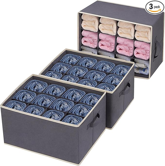 3 Pcs 12 Cell Large Size Pants Organizers for Clothes, Jeans, Sweater, T-shirt, Dress Stackable for Wardrobe Closet Drawer Organizer Storage Bin Container, Dark Grey
