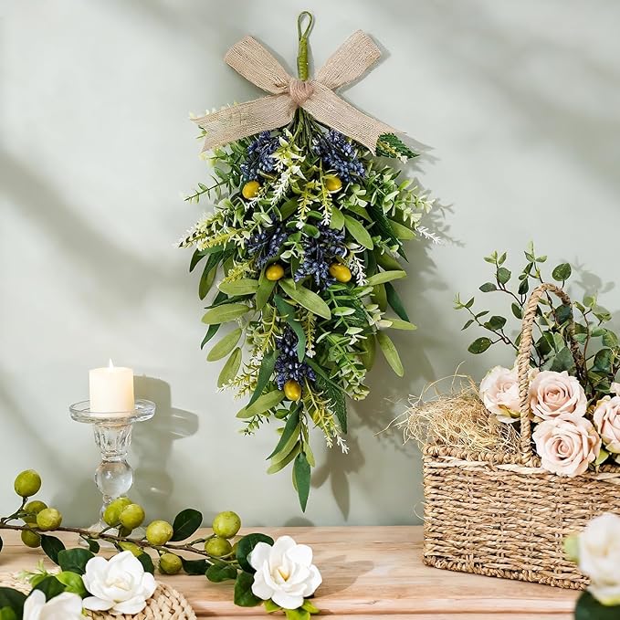 3 PCS Artificial Green Eucalyptus Olives Wreaths for Front Door Spring Summer Greenery Teardrop Swag with Eucalyptus Leaves Boxwood Mixed Berry for Indoor Outdoor Farmhouse Home Festival Wedding Decor