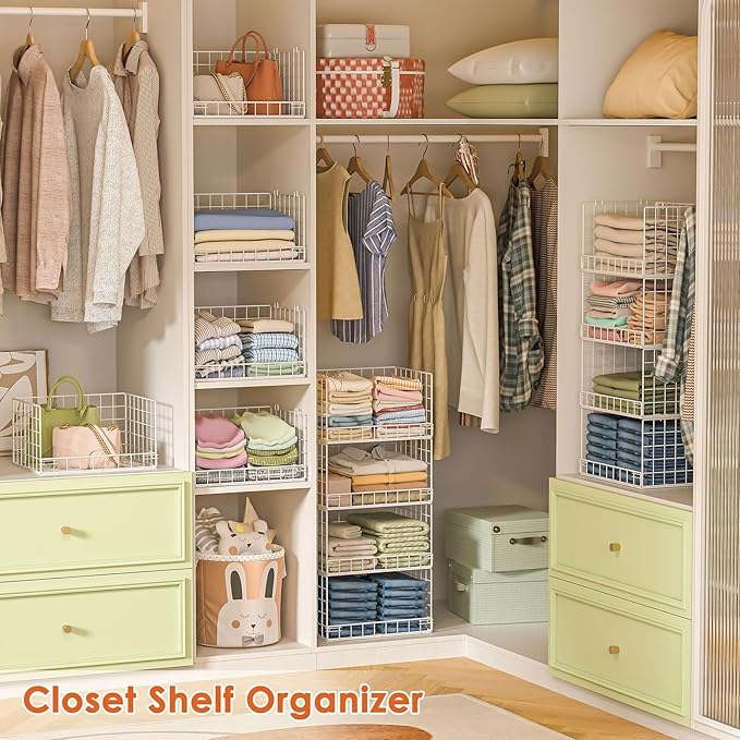 8-Tier Stackable Closet Organizers and Storage Shelves, Foldable Closet Shelf Organizer, Stackable Storage Bins Drawers for Closet Organizer System, White(Patent Pending)