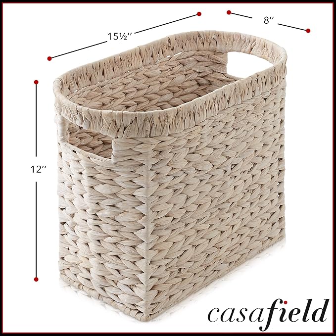 Casafield Woven Magazine Holder with Handles, Whitewash - Water Hyacinth Storage Basket for Bathroom, Living Room, Home Office